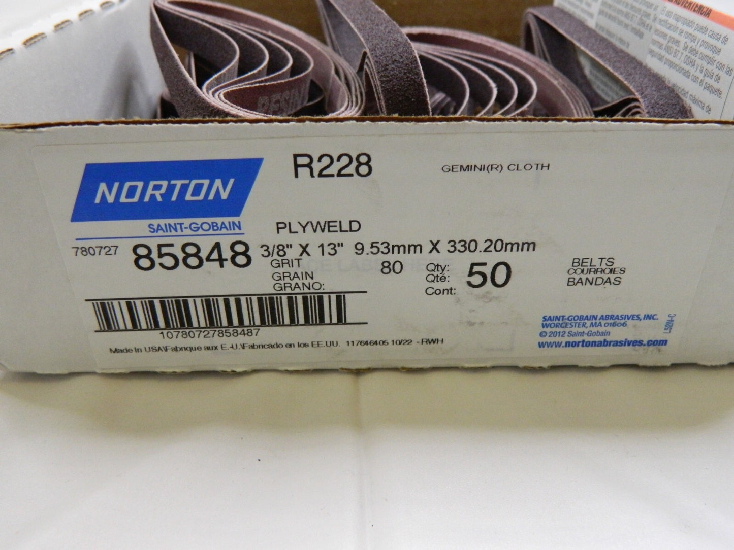 NORTON qty 50 Abrasive Belt: 3/8" Wide, 80 Grit, Aluminum Oxide 78072785848
