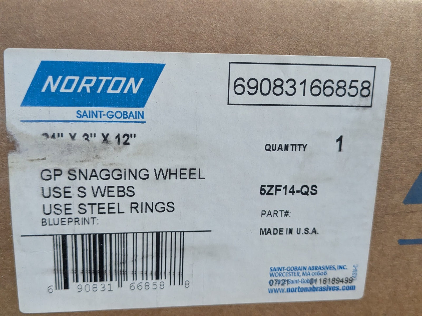 Norton GP Foundry Snagger Grinding Wheel 24" x 3" x 12" Type 01 Straight