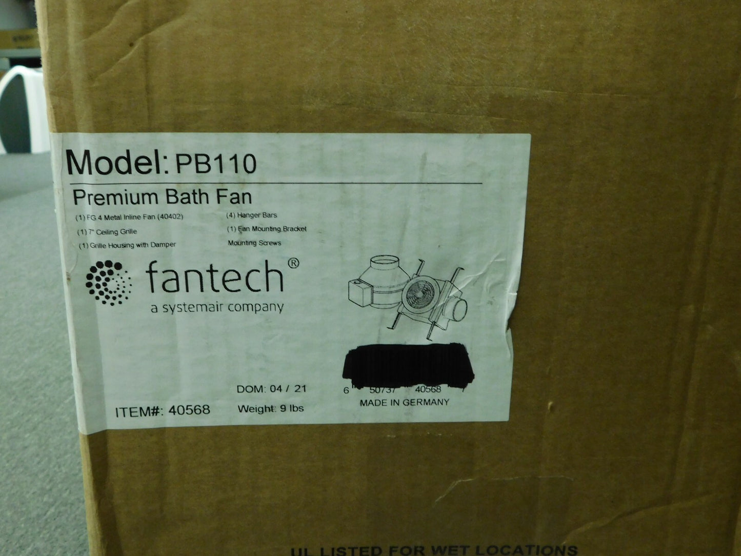 Fantech Enclosed Exhaust Fan 4" Blade Direct Drive 0.027 hp 100 CFM PB110