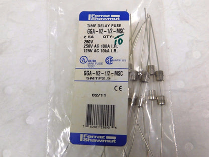 Ferraz Shawmut Time Delay Mini Glass Fuse 250V 2.5A 10PK Lot of 2 GGA-V2-1/2