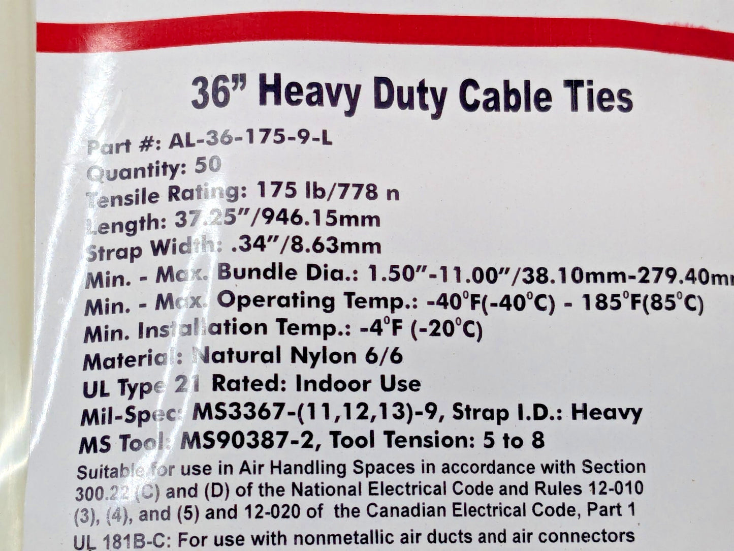 PACK OF 50 ACT 36" Heavy Duty Cable Ties AL-36-175-9-L