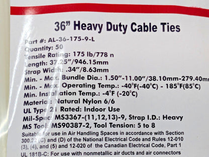 PACK OF 50 ACT 36" Heavy Duty Cable Ties AL-36-175-9-L