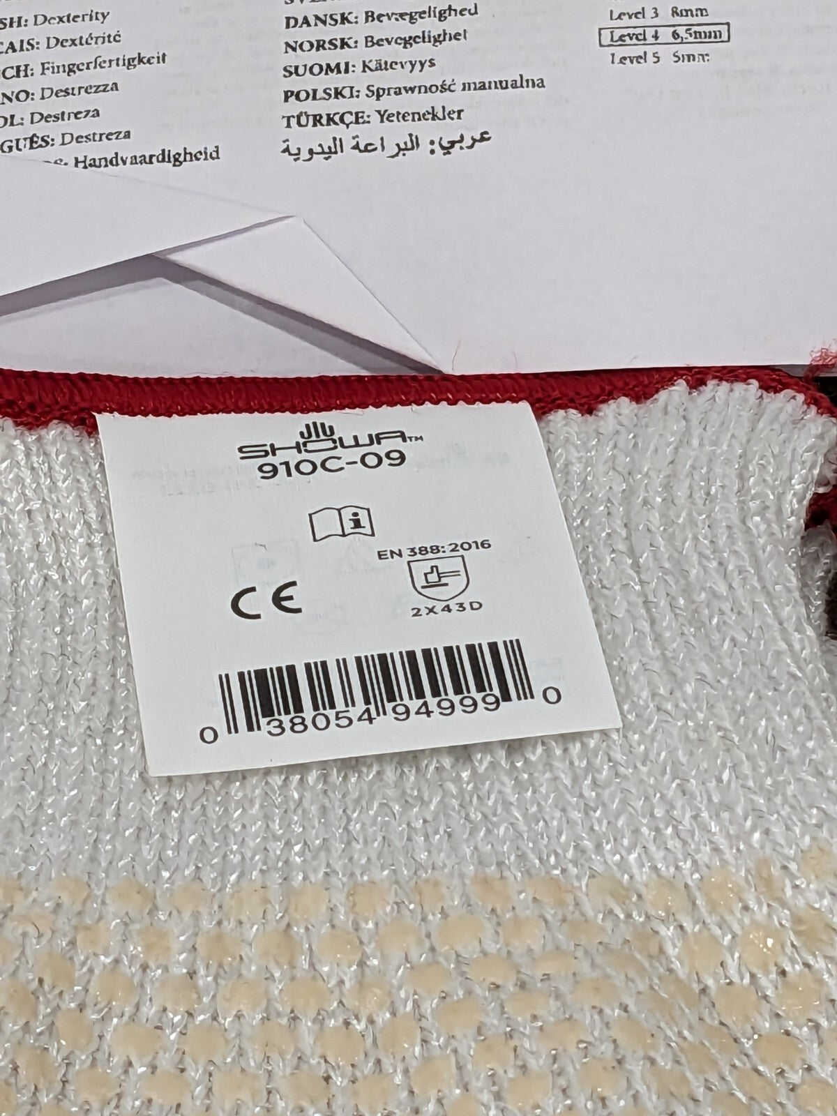 Showa Cut Resistant Glove, White, Reversible, Size L Qty 12 910C-09