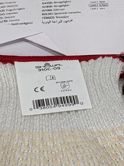 Showa Cut Resistant Glove, White, Reversible, Size L Qty 12 910C-09