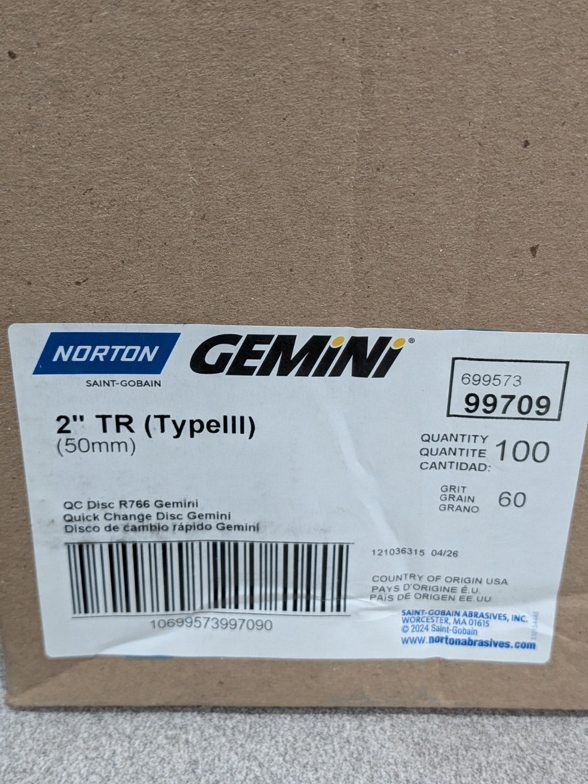 Norton Quick-Change Disc: Type R, 2" Dia, 60 Grit, AO Qty 100 69957399709