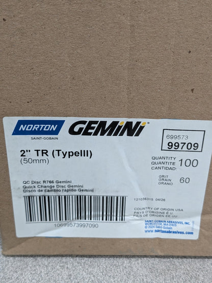 Norton Quick-Change Disc: Type R, 2" Dia, 60 Grit, AO Qty 100 69957399709
