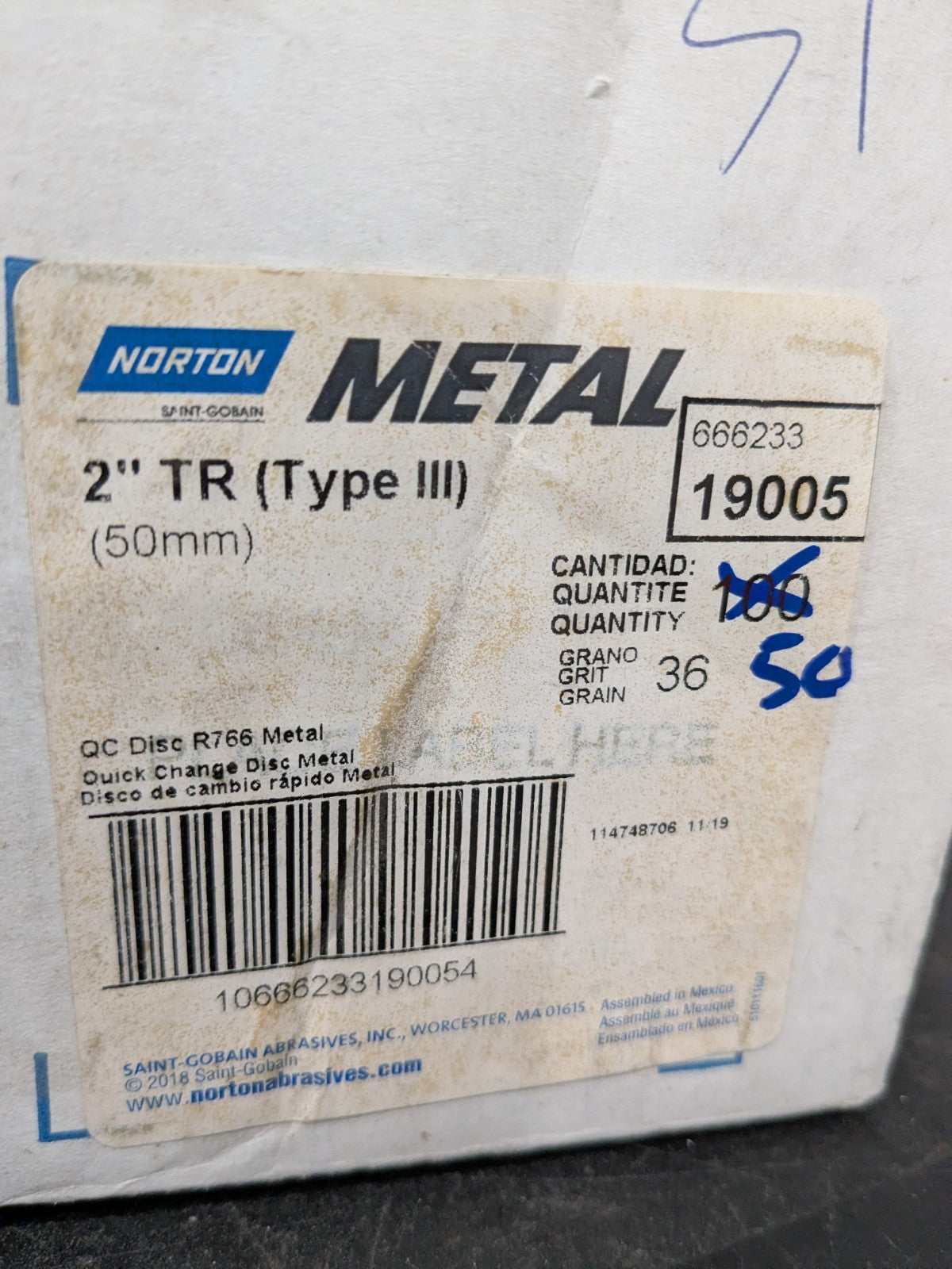 Norton Quick-Change Disc: Type R, 2" Dia, 36G, AO, Coated Qty 50 66623319005
