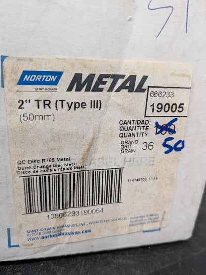 Norton Quick-Change Disc: Type R, 2" Dia, 36G, AO, Coated Qty 50 66623319005