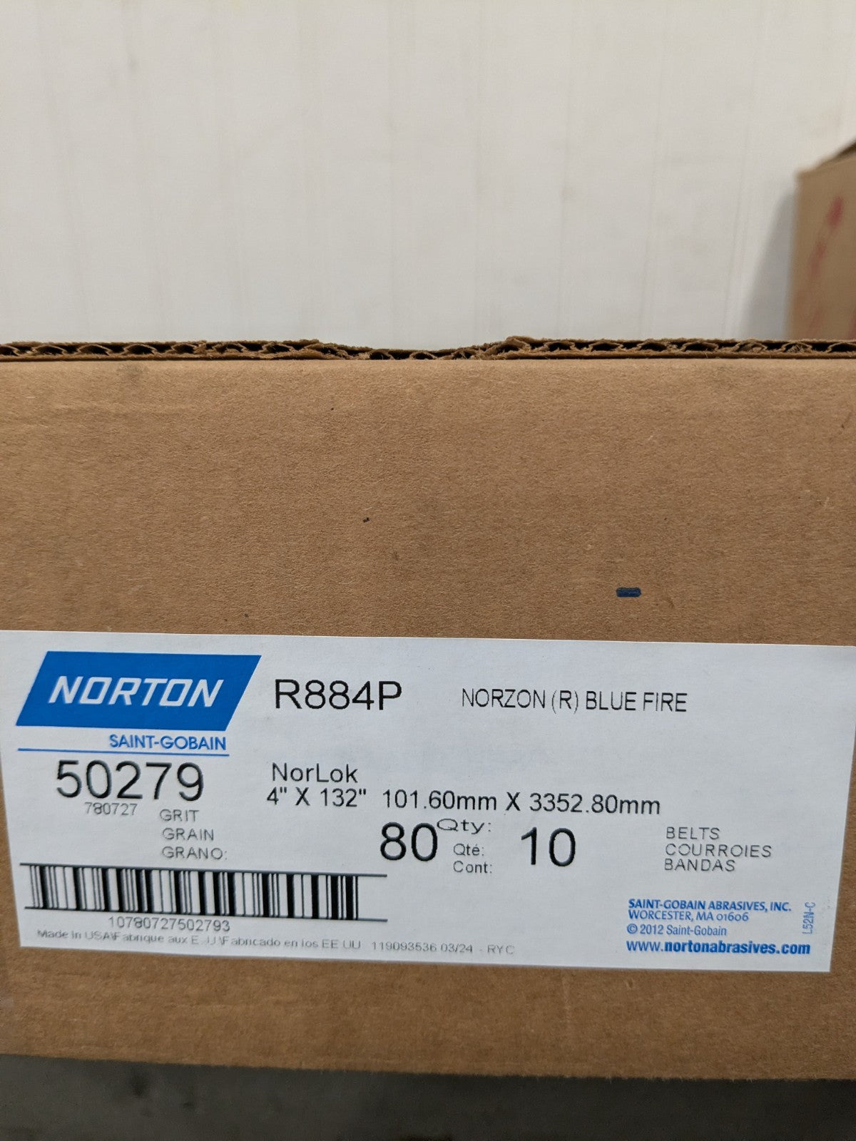 (10) Norton Abrasive Belt: 4" Wide, 132" OAL, 80G, Zirconia Alumina 78072750279