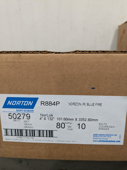 (10) Norton Abrasive Belt: 4" Wide, 132" OAL, 80G, Zirconia Alumina 78072750279