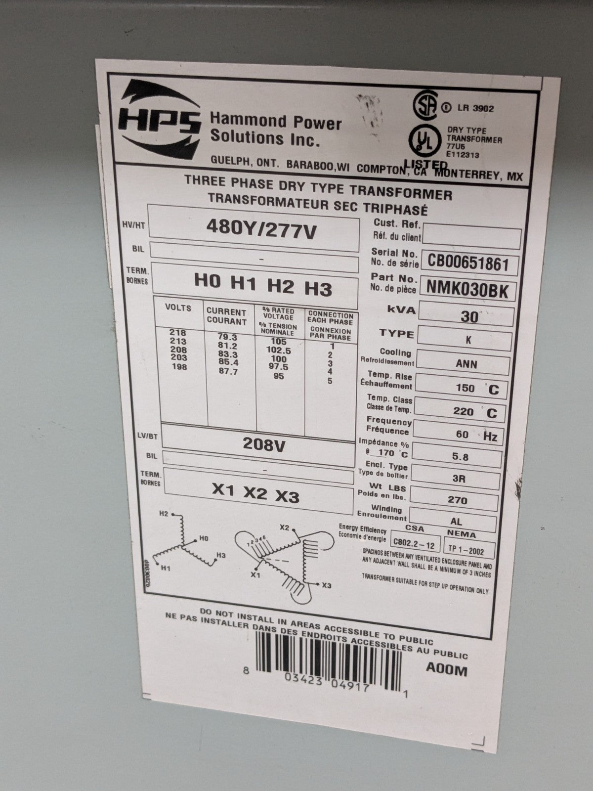Hammond 30kVA Dry Type Power Transformer 3Ph 480Y/277V NMK030BK Parts / Repair