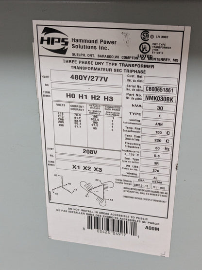 Hammond 30kVA Dry Type Power Transformer 3Ph 480Y/277V NMK030BK Parts / Repair