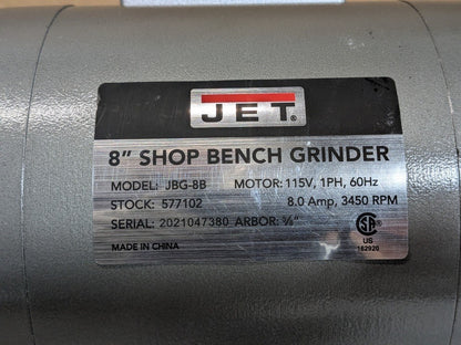 Jet Shop Bench Grinder 8" Wheel Diameter 3450 RPM 1/2 HP 115v 8 Amp JBG-8B