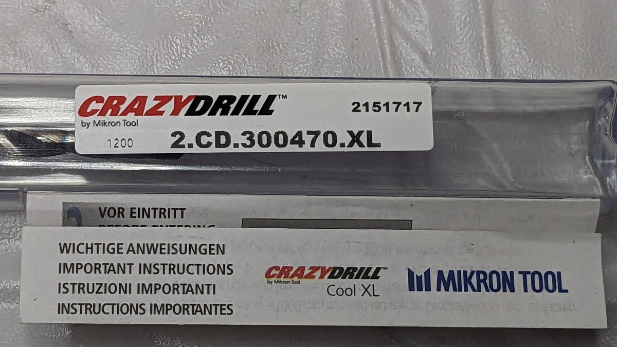 Mikron Tool CrazyDrill Carbide Drill Coolant Thru 30xD 0.1850"Dia 2.CD.3004