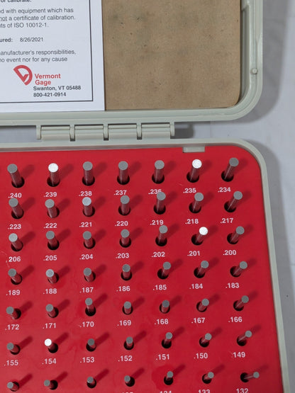 Vermont Gage 190 Pc Class ZZ Plug Gage Set: 0.061 to 0.25" Range 101200400