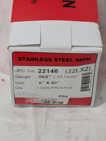 PRECISION BRAND Metal Shim Stock: Roll, 0.0020" Thick, 60" L, 6" W 22146