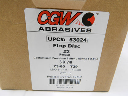 CGW Flap Disc 6" Diam 7/8 Hole, 60 Grit, Zirconia Alumina, Type 29 Qty 10 53024