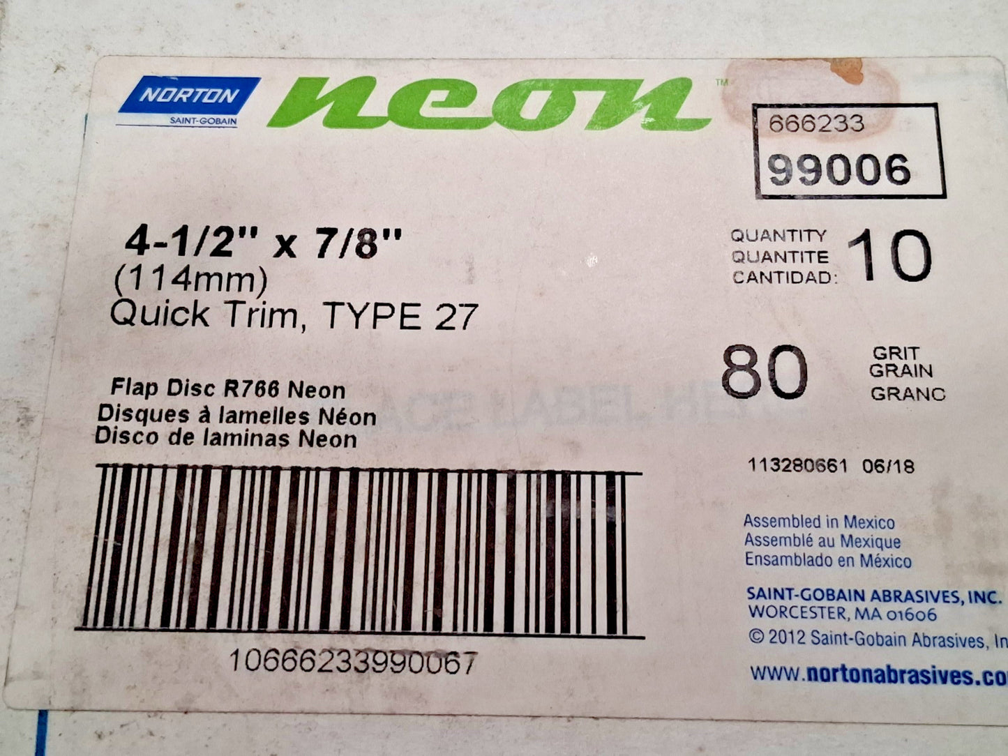 Norton Zirconia Alumina Flap Discs 4-1/2" Dia 7/8" Hole 80 Grit 66623399006