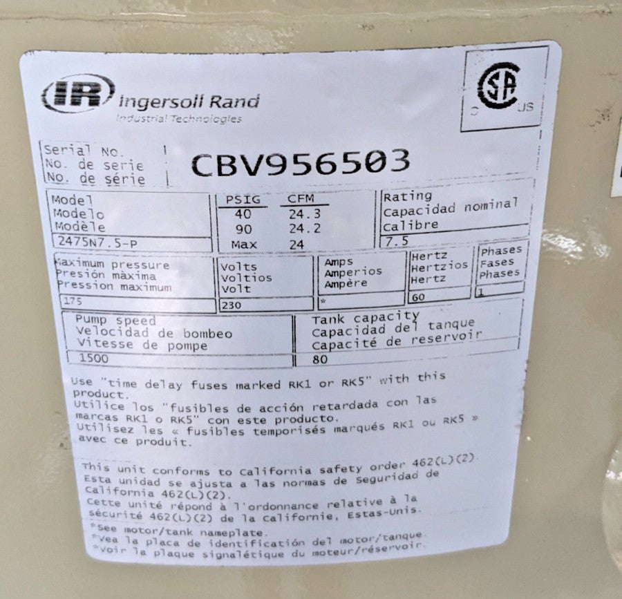Ingersoll Rand 80Gal Air Compressor 2475N7.5-P  230V/1ph 7.5HP *Never Used*