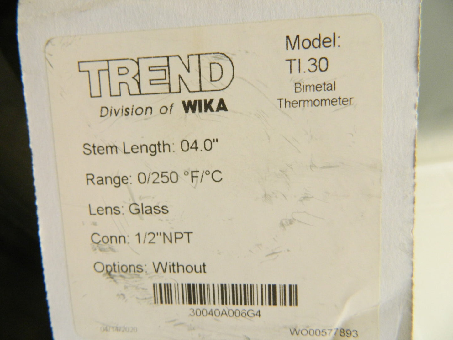 WIKA Bimetal Dial Thermometer: 0 to 250 ° F, 4" Stem Length 52877149
