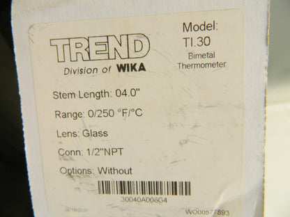 WIKA Bimetal Dial Thermometer: 0 to 250 ° F, 4" Stem Length 52877149
