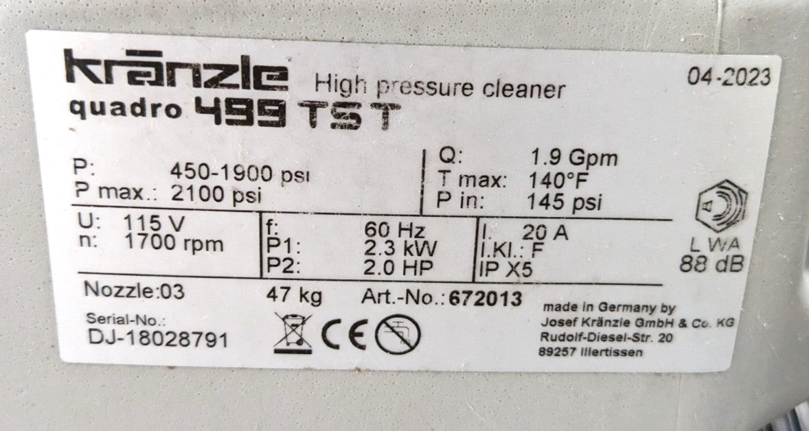 KRANZLE Electric Pressure Washer  2,000 PSI  1.9 GPM 98K499TST *Parts or Repair*