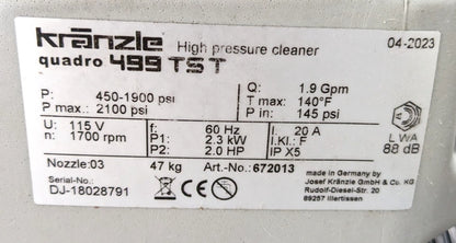 KRANZLE Electric Pressure Washer  2,000 PSI  1.9 GPM 98K499TST *Parts or Repair*