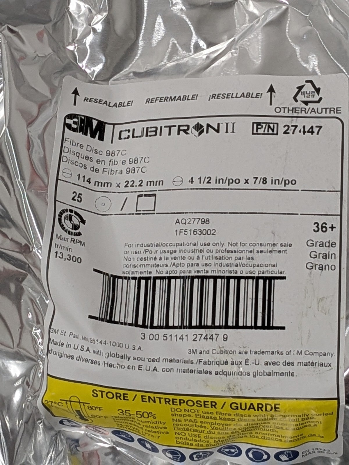 3M Fiber Disc: 4-1/2" Disc Dia, 7/8" Hole, Arbor Hole, 36G Pack of 25 7000119175