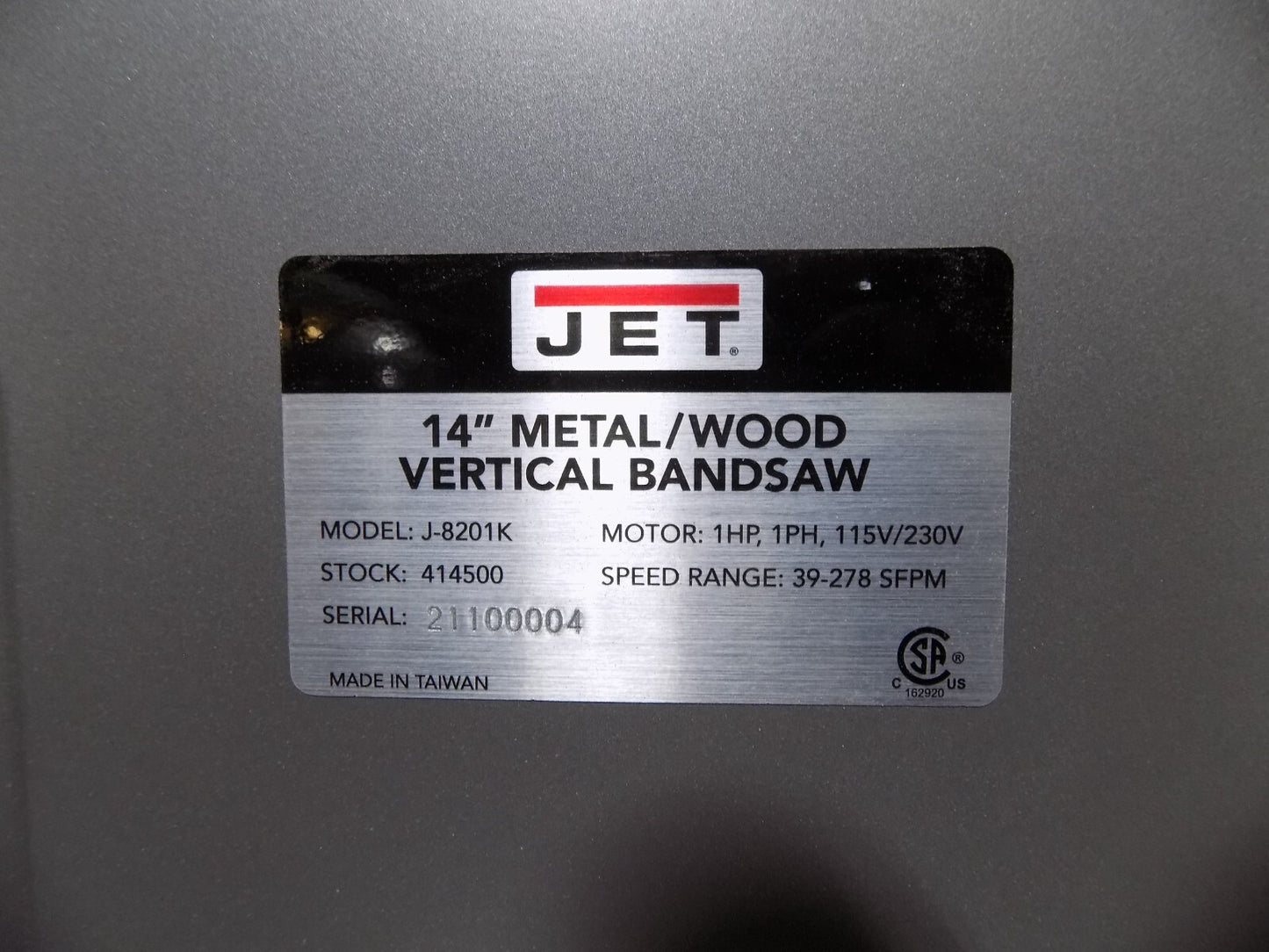 Jet 14  Metal / Wood Vertical Bandsaw 1 HP 115/230v 1 Ph. J-8201K Damaged