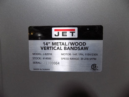 Jet 14  Metal / Wood Vertical Bandsaw 1 HP 115/230v 1 Ph. J-8201K Damaged
