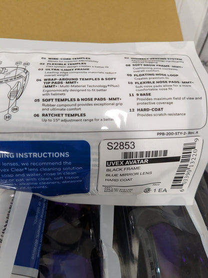 Uvex Avatar Safety Glasses, Black Frame, Blue Mirror Lens Box of 10 S2853