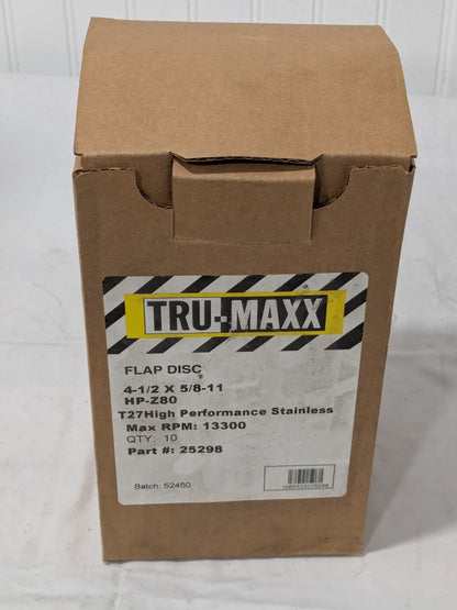 Tru-Maxx Flap Disc: 4-1/2" Daim, 5/8-11 Hole, Medium 80 Grit, Box of 10 252