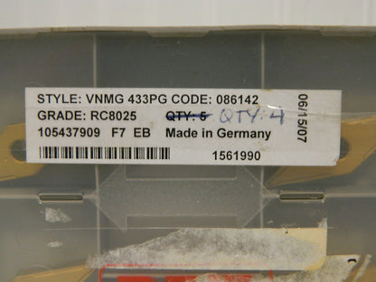 RTW Carbide Inserts VNMG 433PG Grade RC8025 Qty 4 1561990