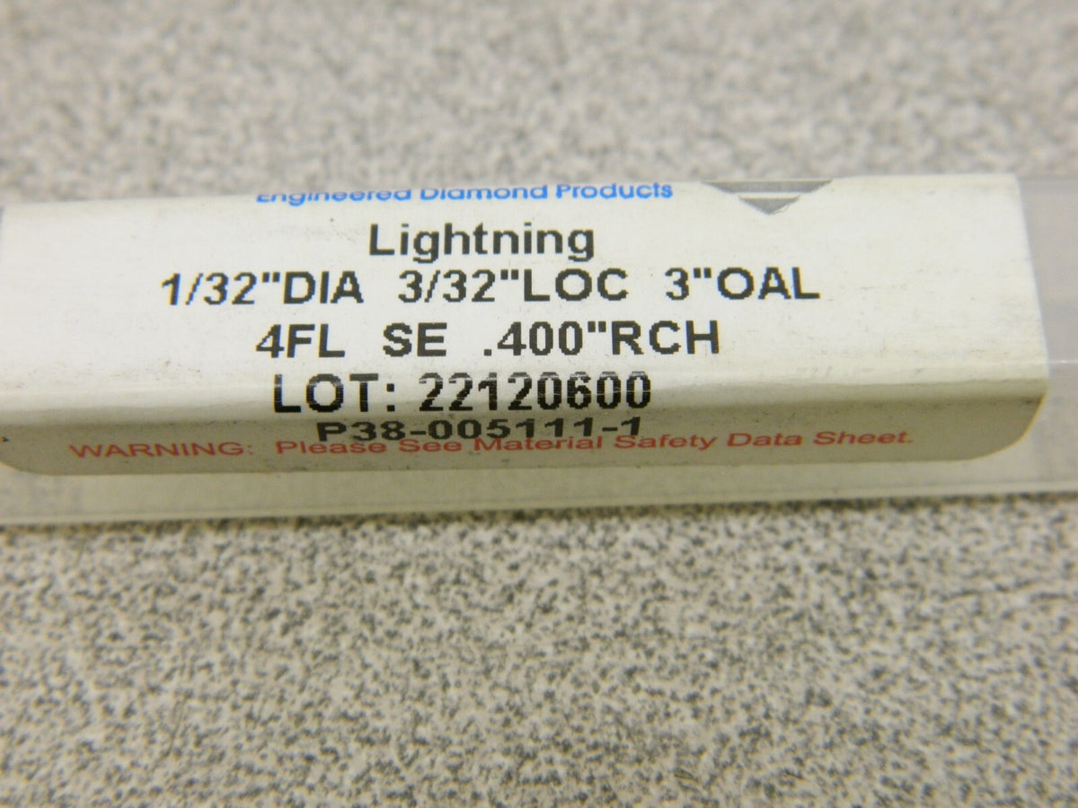 Crystallume Square End Lightning 1/32"DIA,3/32"LOC,3" OAL, 4 FL P380051111
