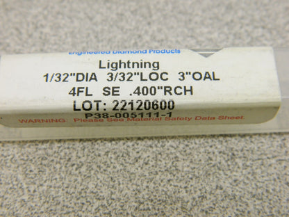 Crystallume Square End Lightning 1/32"DIA,3/32"LOC,3" OAL, 4 FL P380051111