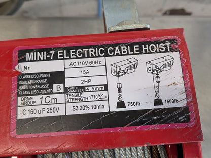 Vestil Electric Cable Hoist 750 / 1500 lb. Capacity MINI-7 Parts / Repair