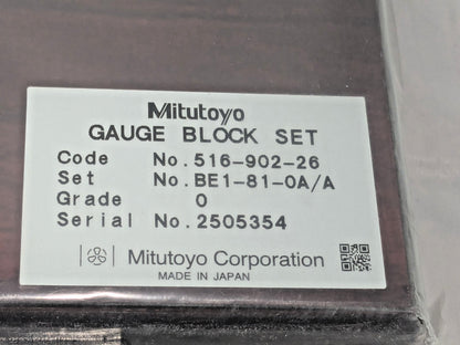 Mitutoyo 81 Piece Gage Block Set Steel 0.05 to 4" Range w/Cert 516-902-26