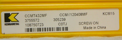 Kennametal Carbide Insert CCMT432MF KCM15 QTY 3 3755572