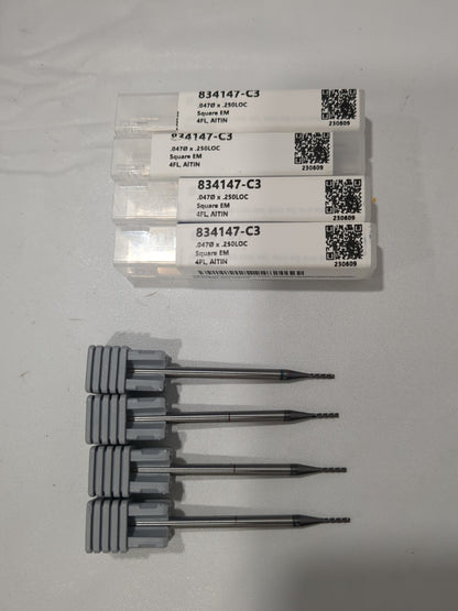 HARVEY TOOL 4pk Square End Mills 3/64"Dia 4 Fl Solid Carbide 834147-C3