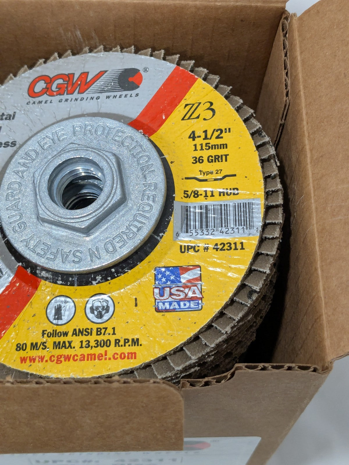 CGW Flap Disc: 4-1/2" Dia, 36 Grit, Zirconia Alumina, Type 27 Box of 10 42311