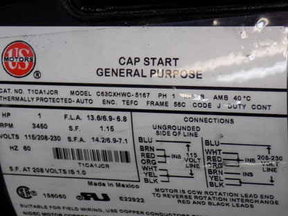 US Motors 1Hp General Purpose Motor 3,450RPM 1Spd 1Ph PARTS/REPAIR C63CXHWC-5167