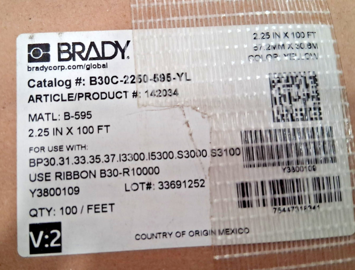 Brady Vinyl Label 2/1" x 100' Vinyl Yellow 142034