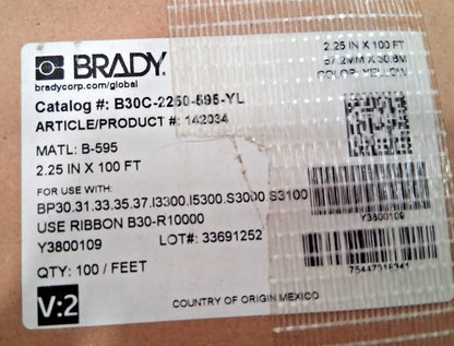 Brady Vinyl Label 2/1" x 100' Vinyl Yellow 142034