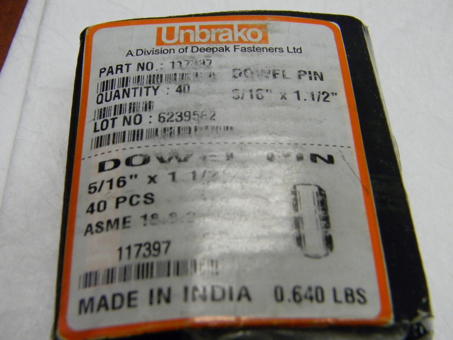 Unbrako Oversized Dowel Pin 5/16" PinDiam 1-1/2" Pin Length Grade 8 QT