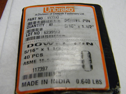 Unbrako Oversized Dowel Pin 5/16" PinDiam 1-1/2" Pin Length Grade 8 QT