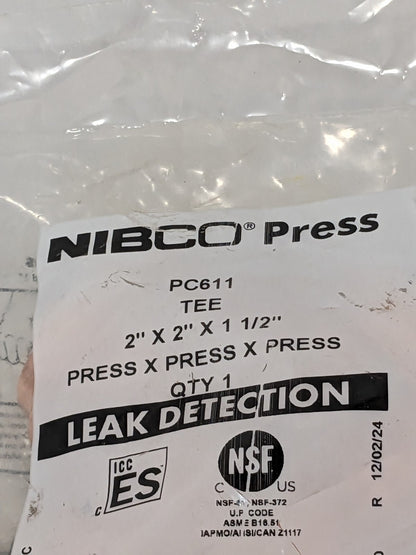 NIBCO Wrot Copper Pipe Tee: 2" x 2" x 1-1/2" Fitting, P, Press Fitting 9102800PC