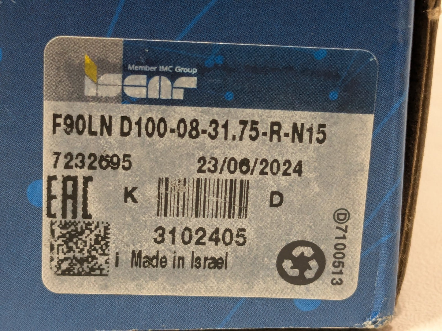 Iscar Indexable Face Mill 3.937"Dia 90D F90LN D100-08-31.75-R-N15 3102405