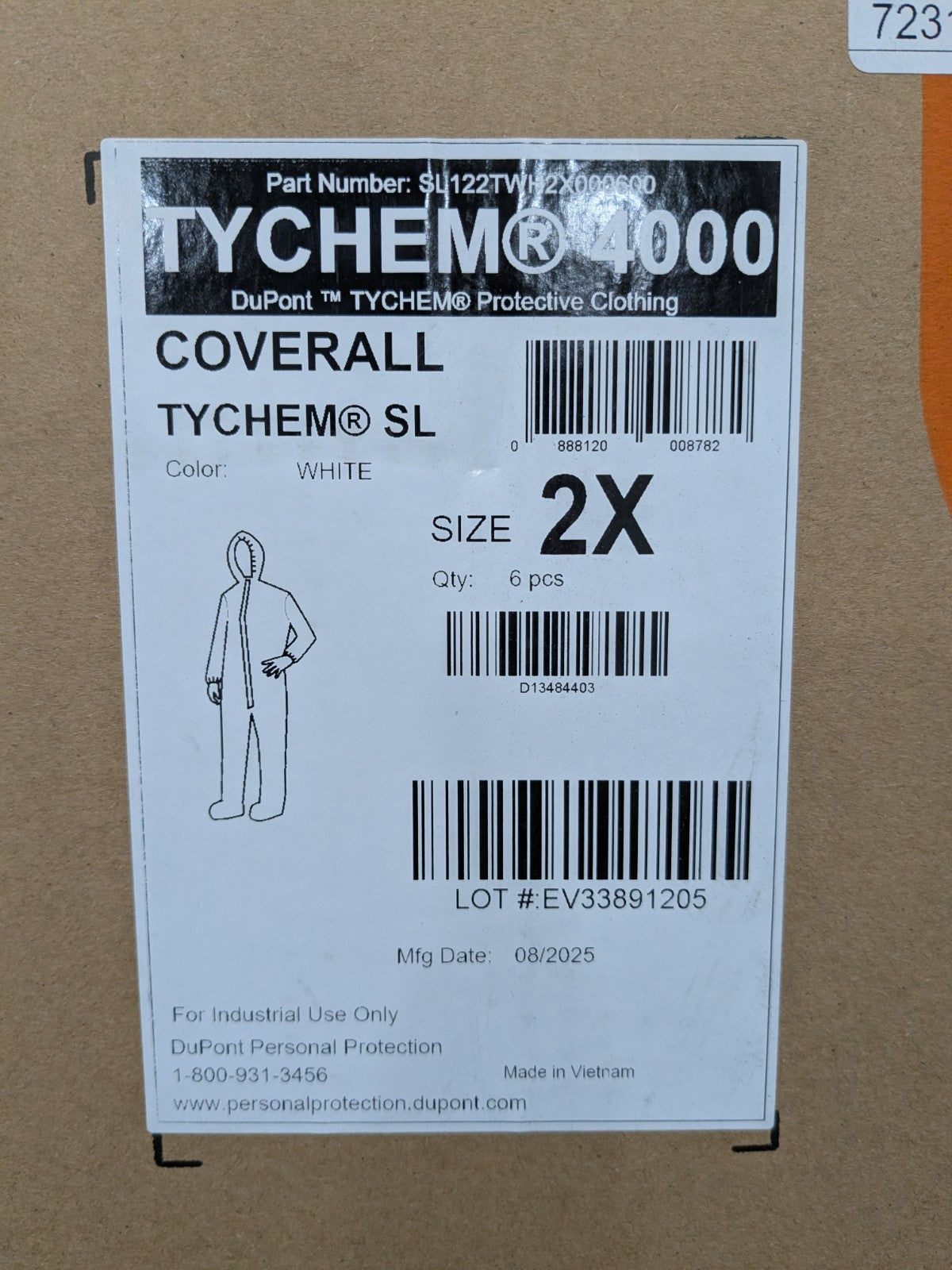 (6) DUPONT Disposable Coverall 2XL Tychem 4000, Zipper Closure SL122TWH2X000600