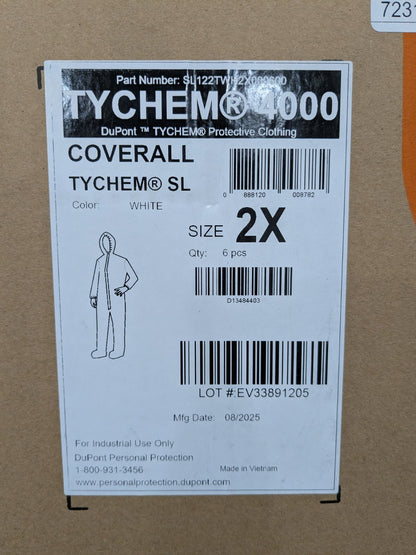 (6) DUPONT Disposable Coverall 2XL Tychem 4000, Zipper Closure SL122TWH2X000600