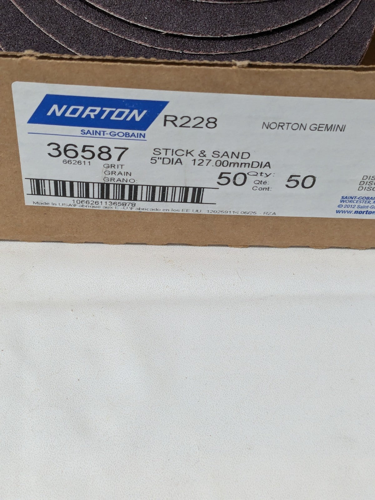 Norton 5" Dia PSA Disc: 50 Grit, Aluminum Oxide Box of 50 66261136587
